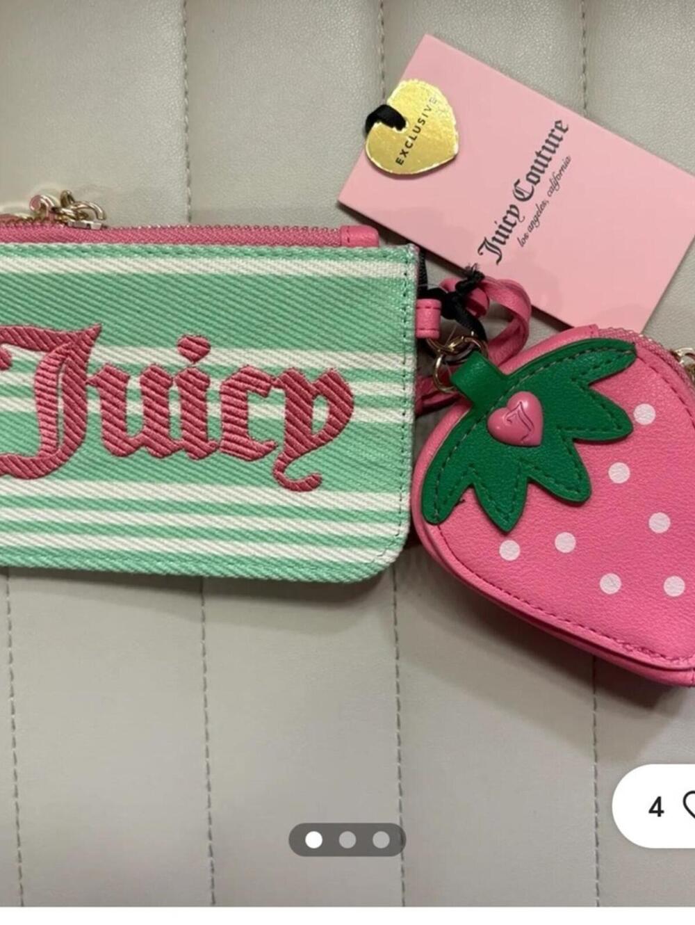 Juicy Couture Green and Pink Stripe Strawberry Zip Wallet Set New with Tags